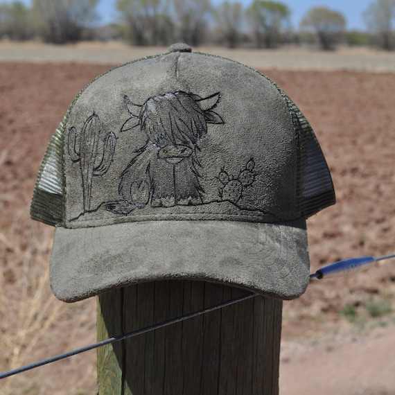 Highland Cow Trucker Snap Back Ball Cap: Freehanded Burned 