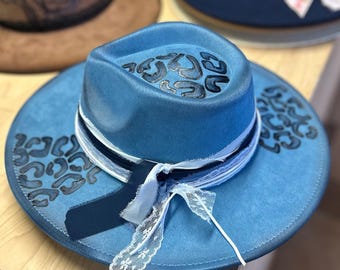 Hand Burned Blue Fedora Hat for Women | Western Cowgirl  display picture 2