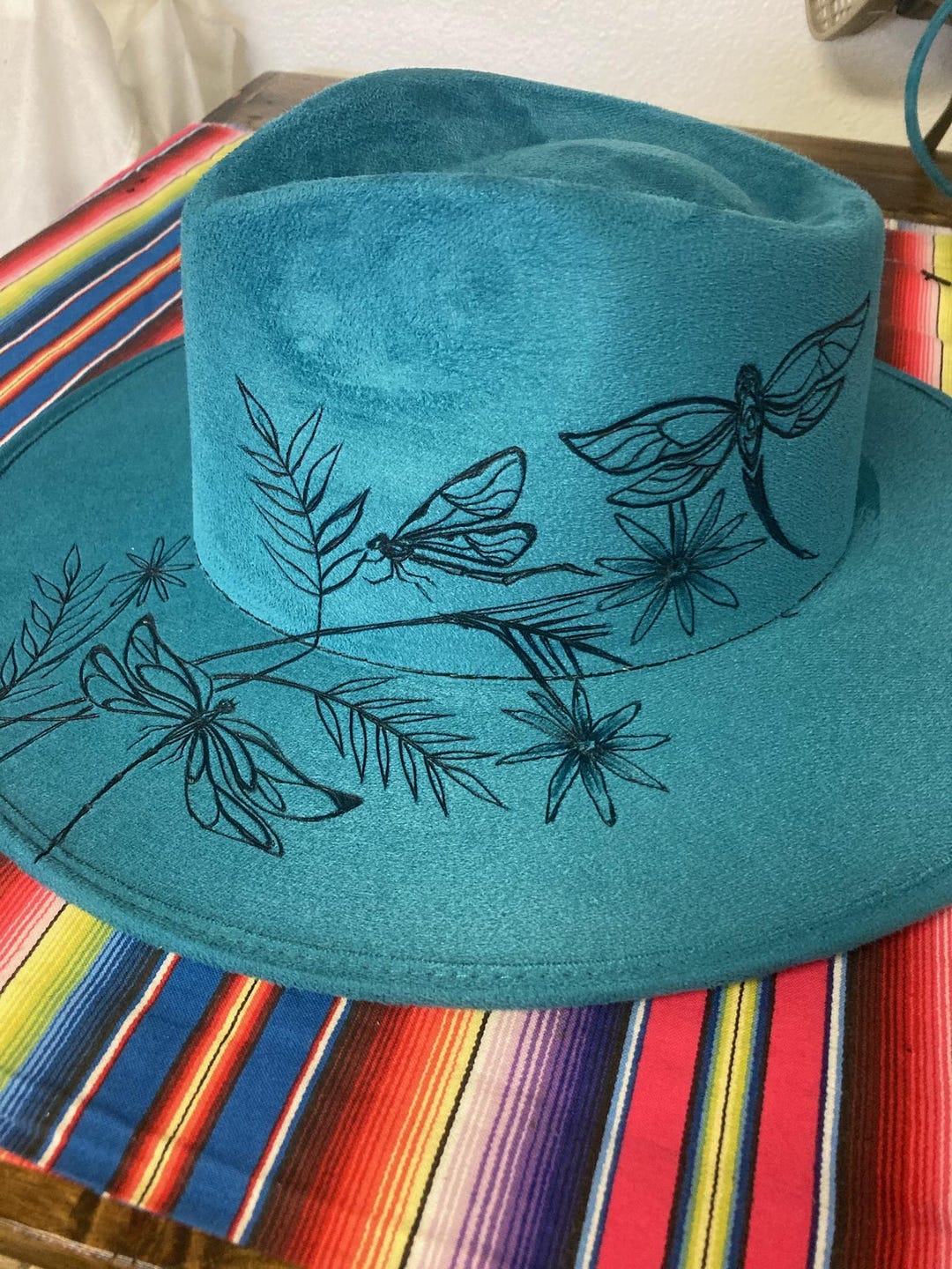 Hand Burned Turquoise Fedora Hat With Dragonfly and Wildflower