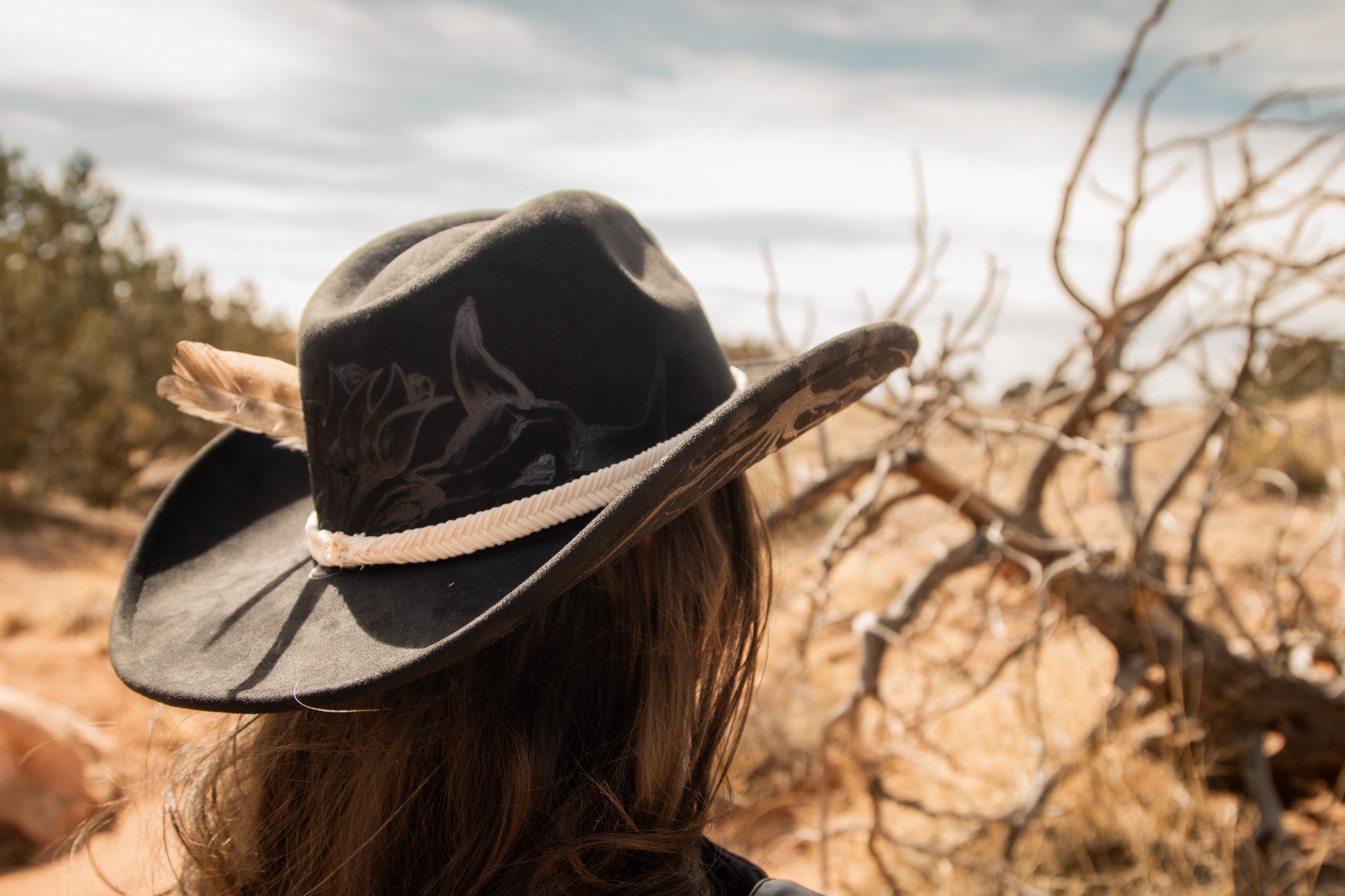 Women\'s Custom Made Black Fedora Western Hat With A Bohemian Vibe Boho western cowgirl ✨ These hand painted decorated hats  main image 2