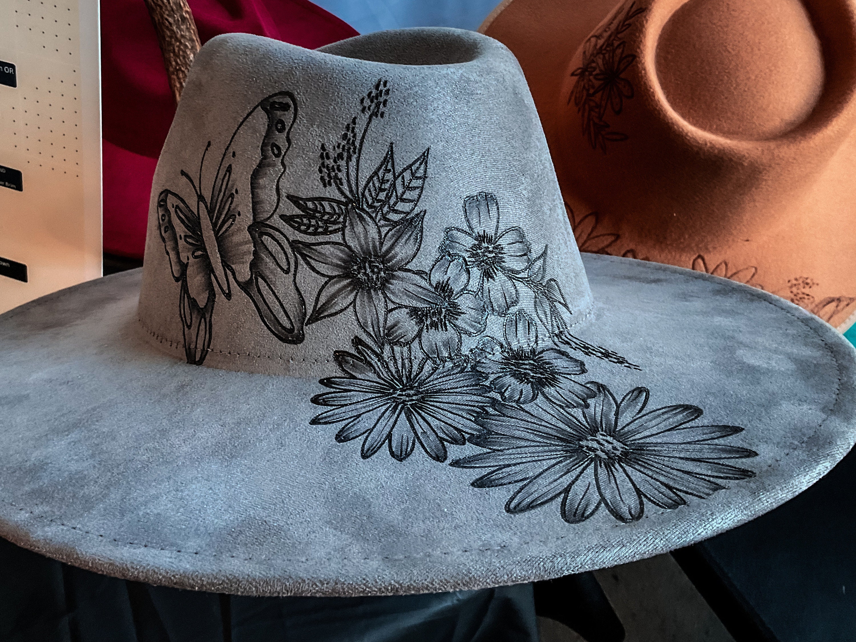 Gray Suede Wide-Brim Hat with Frayed Band hand burned medium Grey desert armadillo burned suede wide brim cowboy hat  main image 3