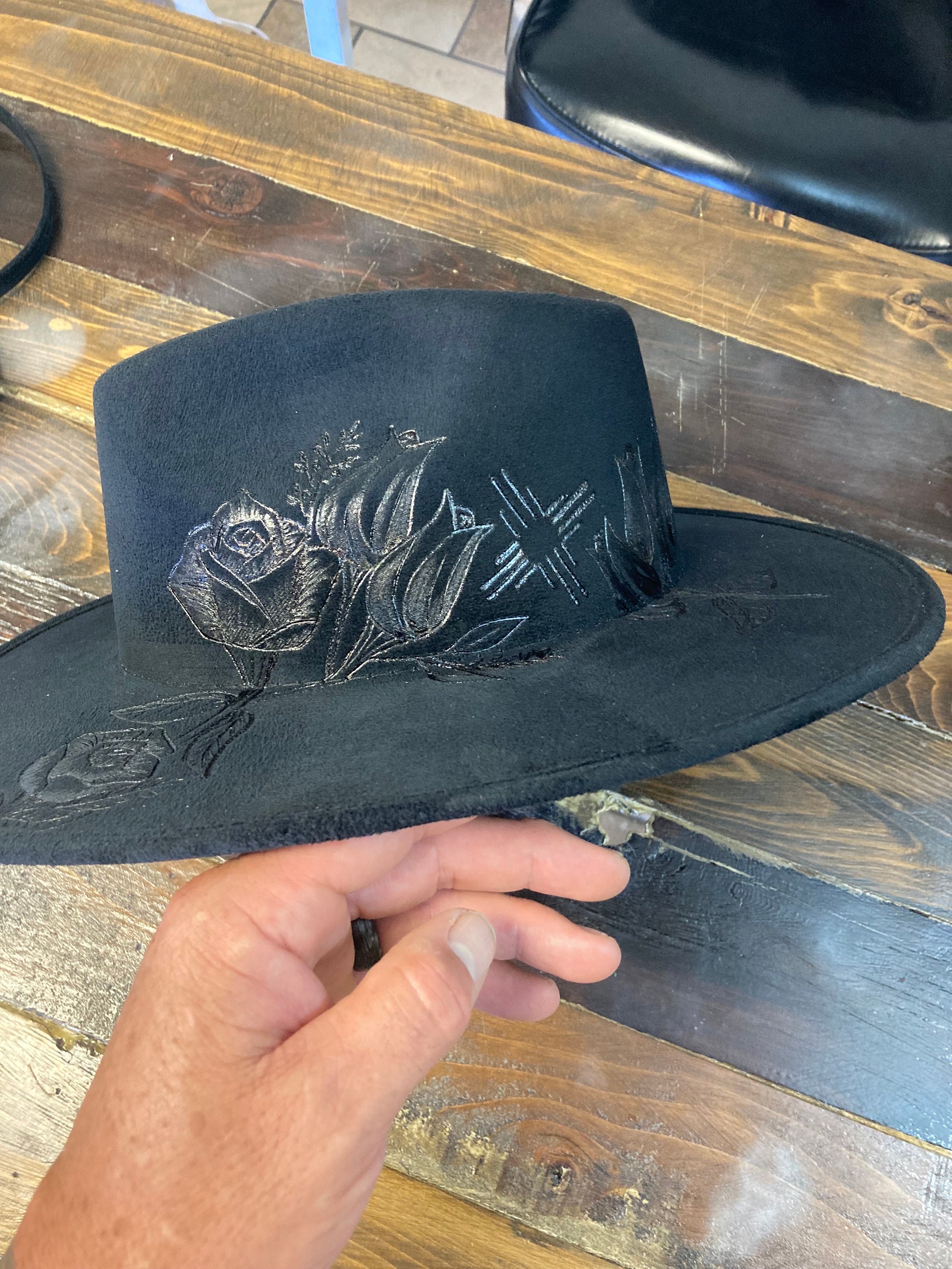 Burned Distressed Hat | Southwestern Floral Art | Black 