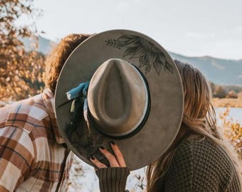 Sunflower Hand-burned Wide-brim Fedora – Vegan Suede, Custom  display picture 3