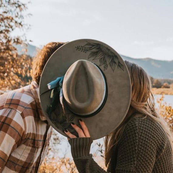 Sunflower Hand-burned Wide-brim Fedora – Vegan Suede, Custom  display picture 1