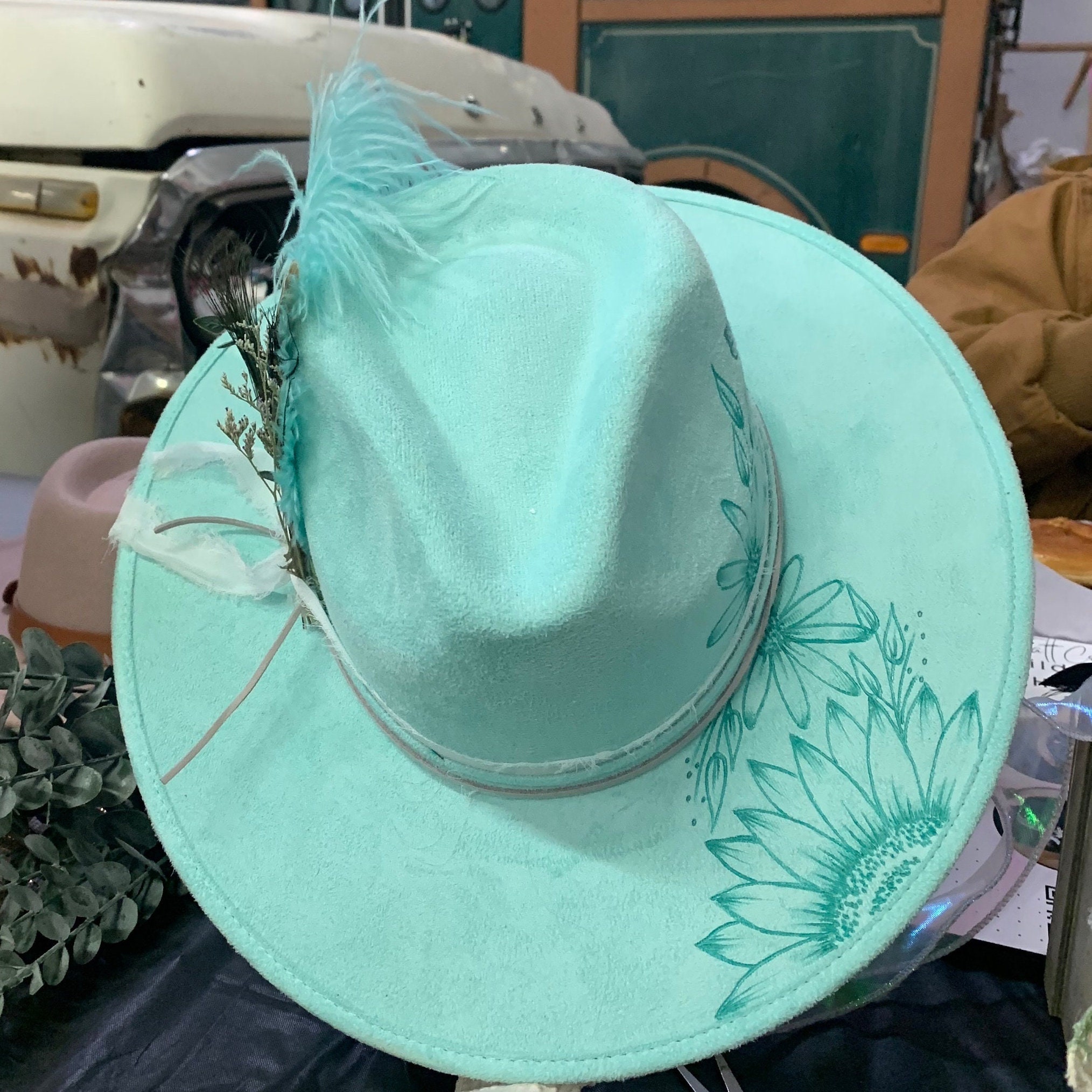Teal Suede Fedora Hat: Hand-burned Custom Art - Etsy display picture 2