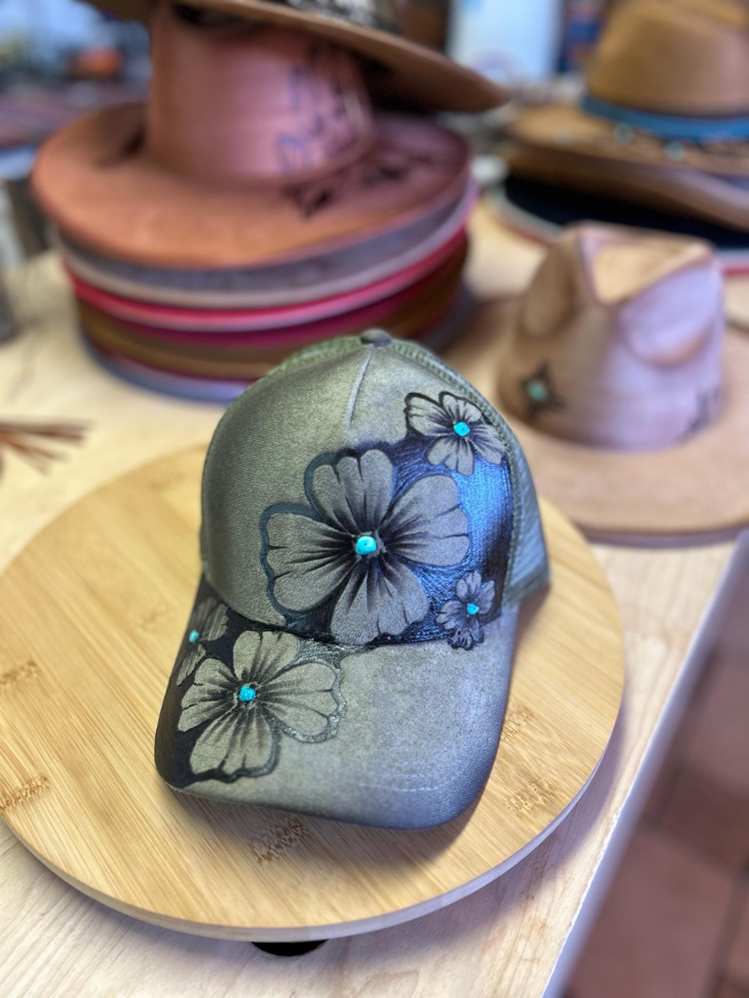 Hand Burned Floral Trucker Hat – Western Style Black Cap 