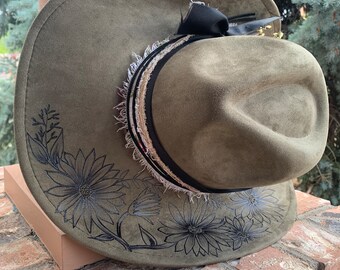 One-of-a-kind Custom Cowboy Hat With Hand Burned Floral Art  display picture 2