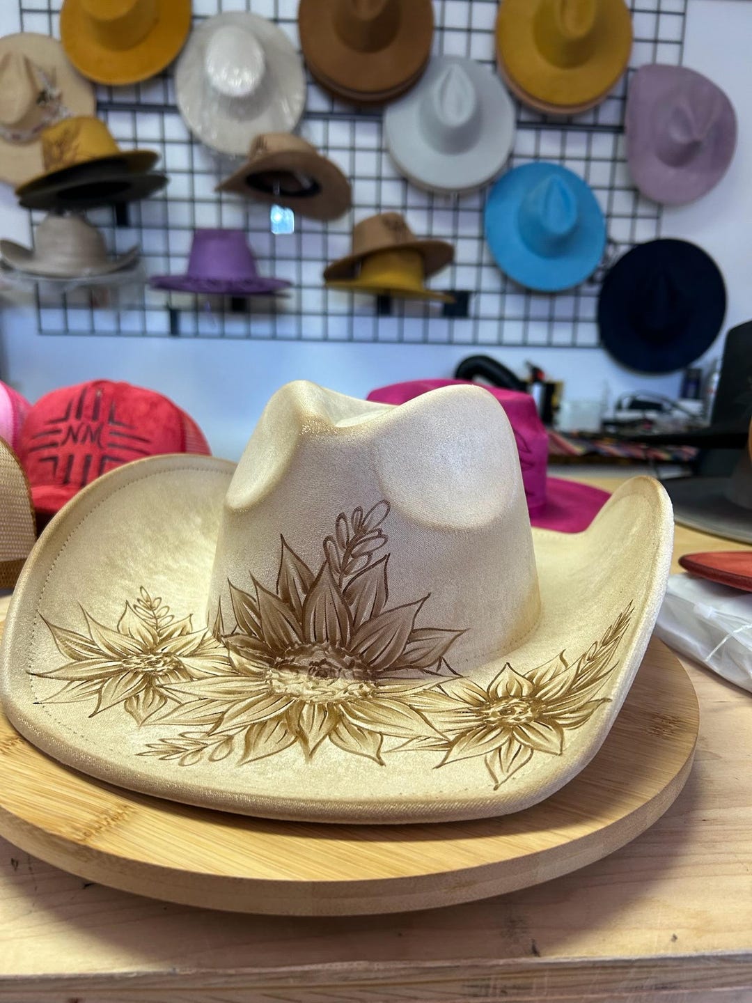 Handcrafted Sunflower Straw Fedora – Rustic Western Boho Hat/white Hand-burned Sunflower Suede Fedora – Custom Western Hat With  main image 2