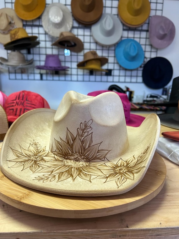 Sunflower Cowboy Hat | Hand-burned Wide Brim Western Hat  display picture 3