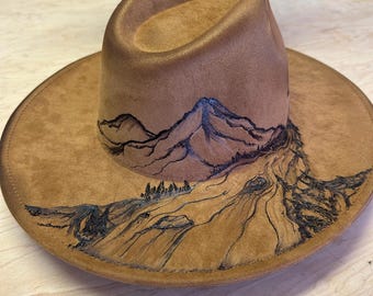 Hand-burned Mountain Landscape Hat – Custom Western Fedora  display picture 1