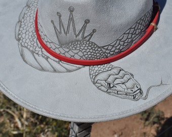 Burned Hat | Rattle Snake | Stiff Brim | Wide Brim | Fedora Style Rancher Hat