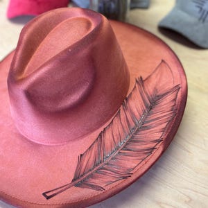 Wide Brim Fedora Hat | Rust Red | Suede | Customize with hand burned artwork, layered hatband w multiple colors, flowers, feathers, or stone