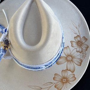Chinoiserie Hand-Burned Wide Brim Fedora – Artisan Freehand Floral Hat, Suede Western Hat, Boho Rancher Hat, Blue and White Hat, Unique Gift