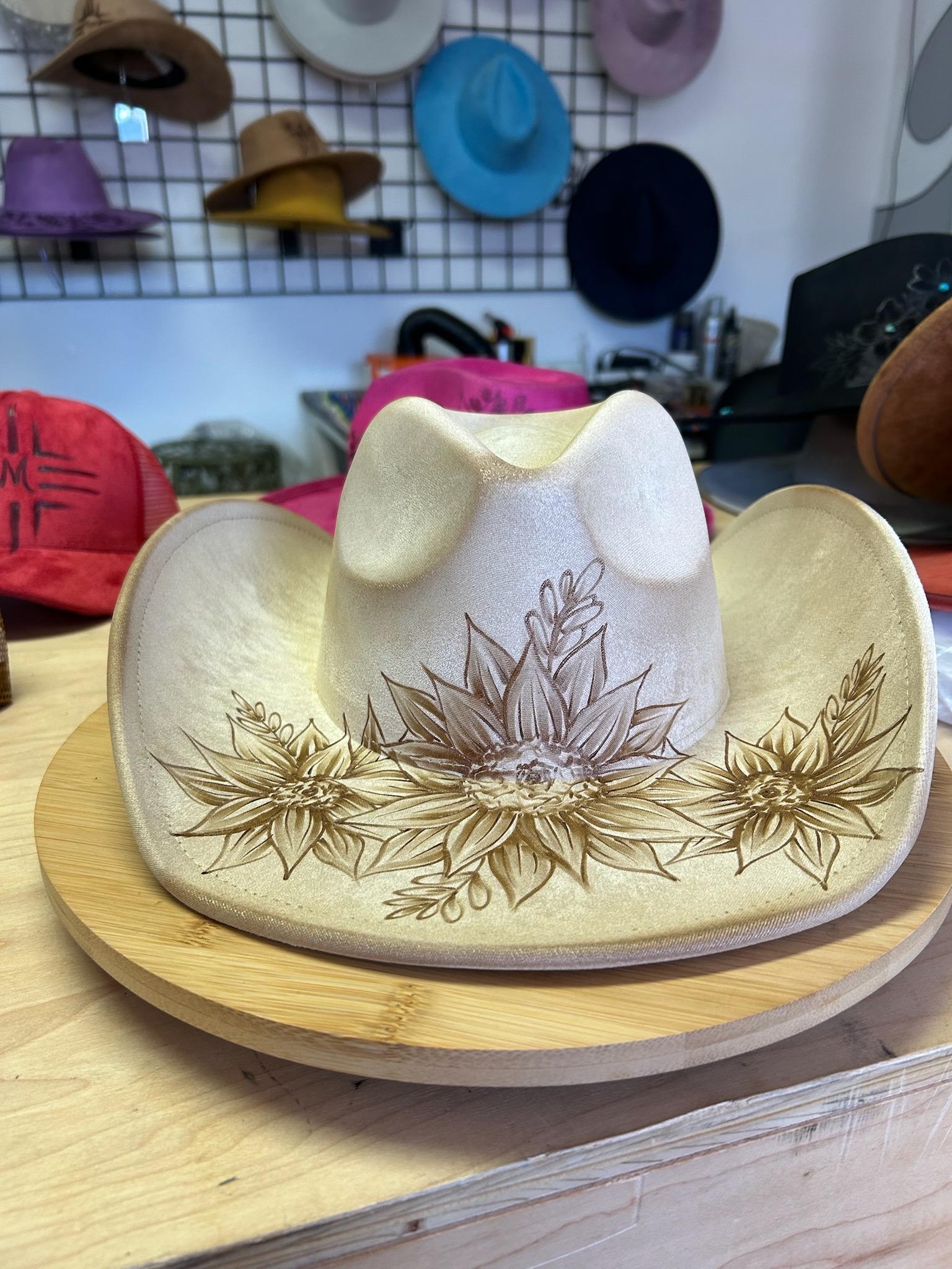 Hand Burned Yellow Suede Fedora Double Sunflower Burned Hat, Vegan Suede Hat Camel Sunflower Suede Burnt Hat – Twisted K main image 4