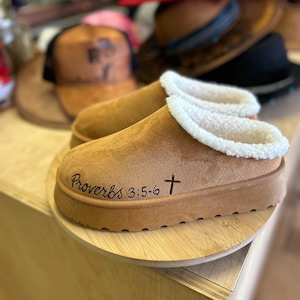 Christian scripture slippers with Proverbs 3:5-6 hand burned into brown suede clogs with cream shearling lining
