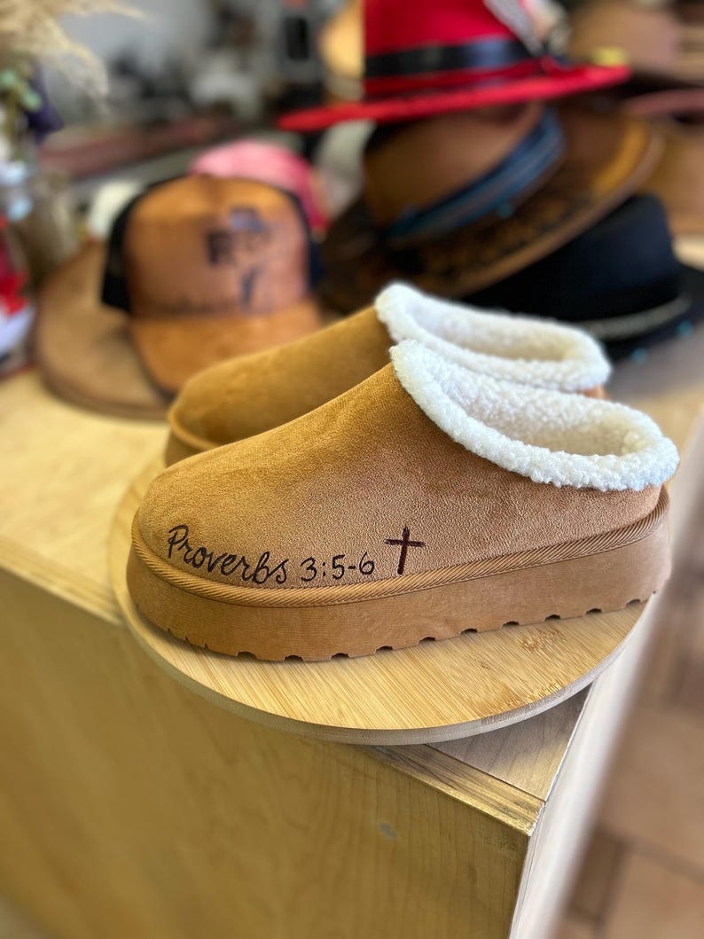 Christian scripture slippers with Proverbs 3:5-6 hand burned into brown suede clogs with cream shearling lining