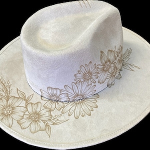 Personalize your bridal style with our hand-burned, Mexican Suede, White Wide Brim Fedora Hat- add custom burned art & layered hatbands!