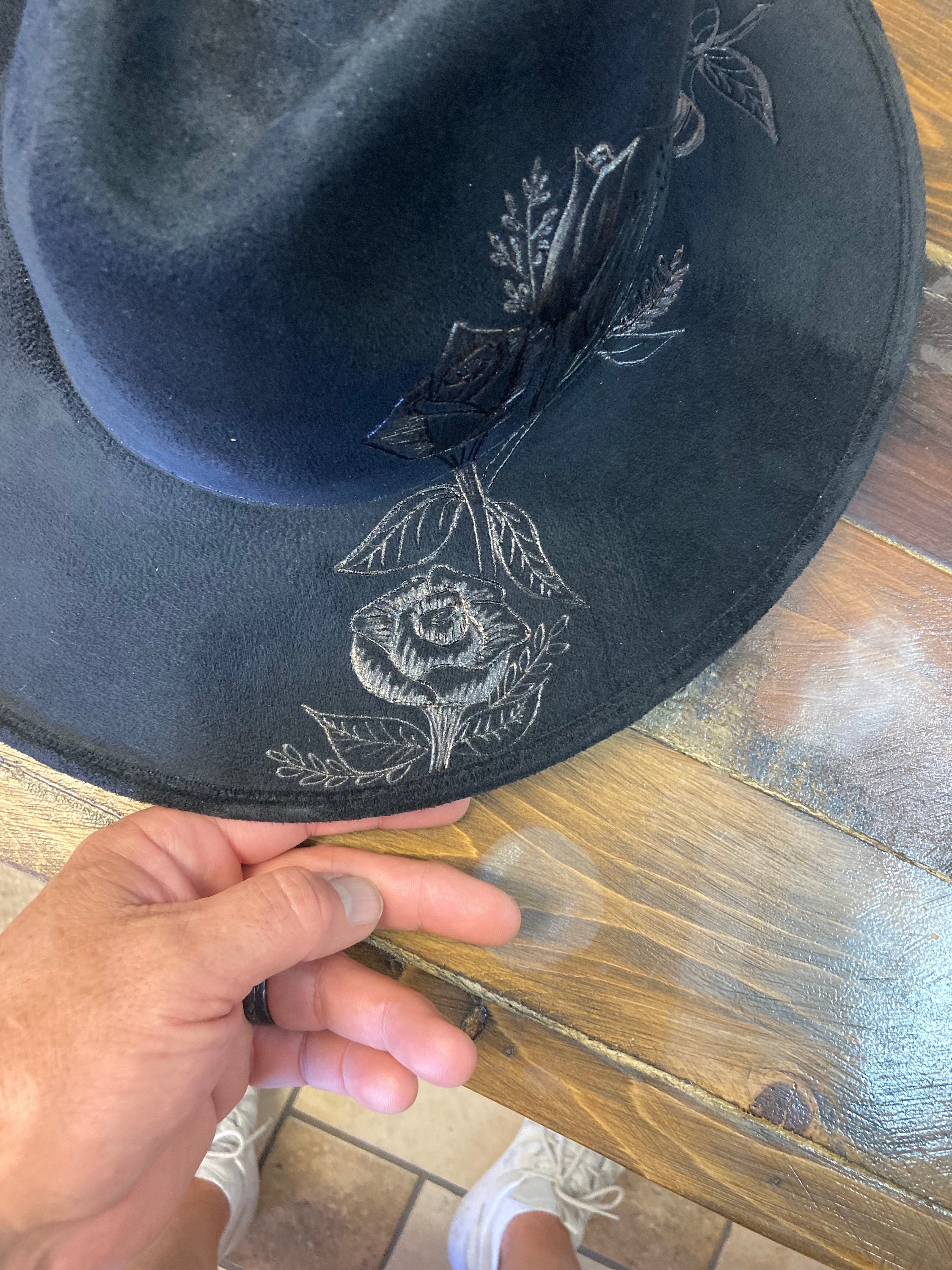 Black Wide Brim Hat with Leaf Accents and Blowtorch Distressed Orleans Distressed Wool Fedora by Bruno Capelo – DAPPERFAM main image 4