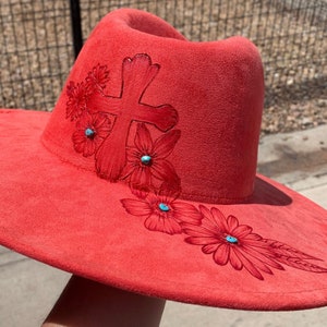 Stylish Suede Fedora Hat with Floral and Cross Burned Art: Customizable with Hand Burned Art and Multi-Layered Hat Band - Stand Out in Style