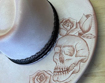 Hand-burned Skull Hat With Roses | Gothic Western Fedora  display picture 2