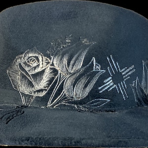 Burned Distressed Hat | Southwestern Floral Art | Black | Stiff Brim | Wide Brim | Fedora Style Rancher Hat