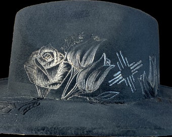 Black Wide Brim Hat with Leaf Accents and Blowtorch Distressed Burned Distressed Hat | Southwestern Floral Art | Black  main image 4