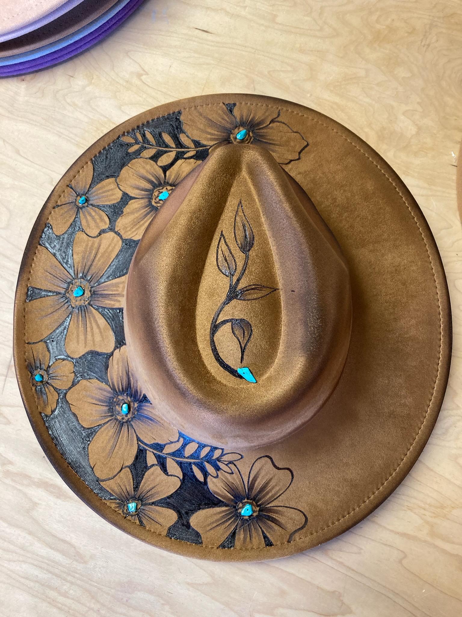 Rustic Hand-Burned Floral Wide-Brim Hat with Turquoise Accents Artisan Suede Fedora