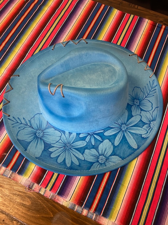 Blue Wildflower Burned Wide Brim Fedora Hat - Etsy display picture 1