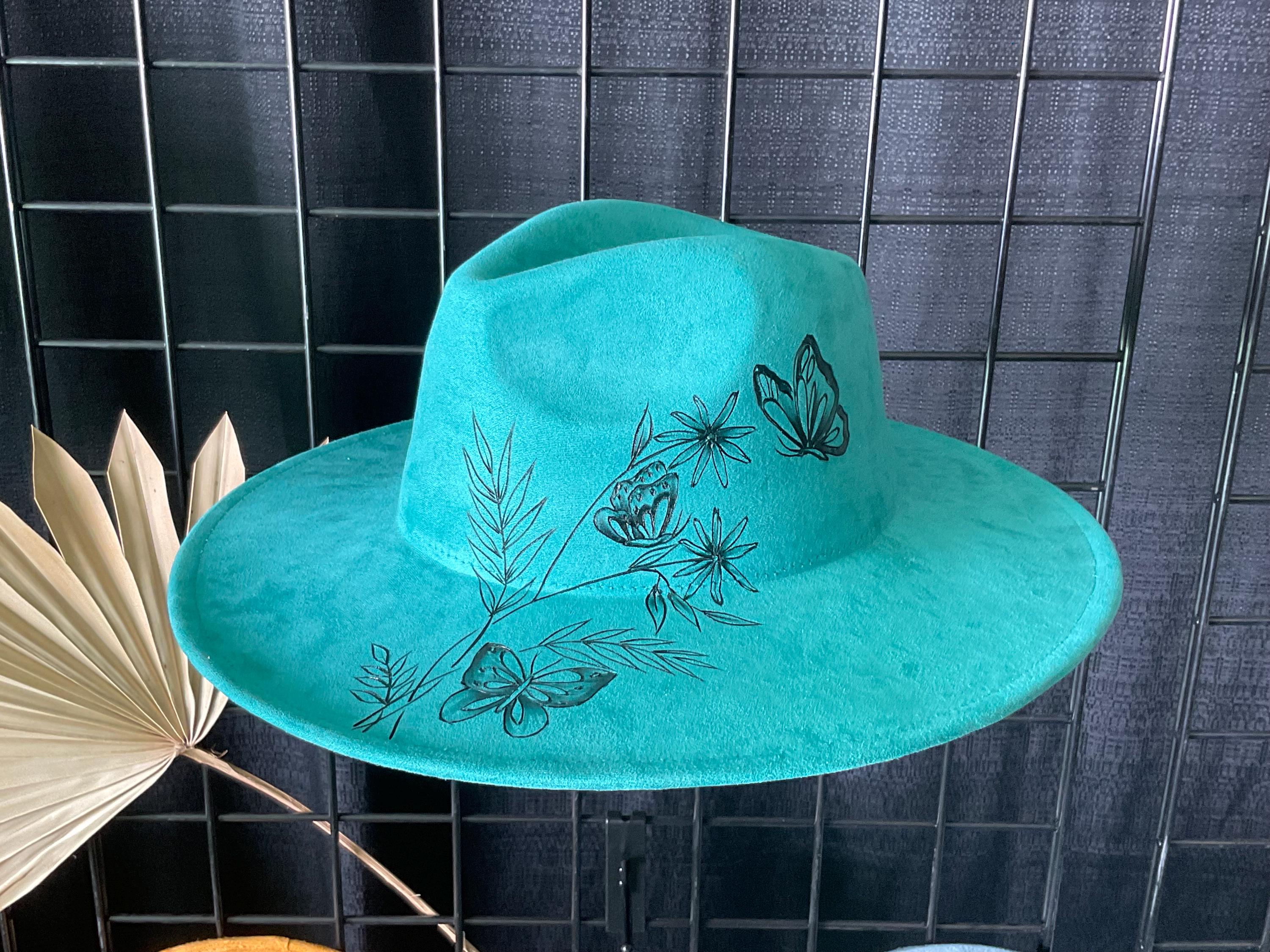 Khaki hand burned and painted wide brim Fedora with Turquoise accents. Turquoise Fedora Hat With Hand-burned Hummingbird & Zia  main image 2