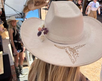 Elegant Cream Cowboy Hat with Embroidered Details Cream Floral Embroidered Strap Cowboy Hat – Cindy Jane Boutique main image 3
