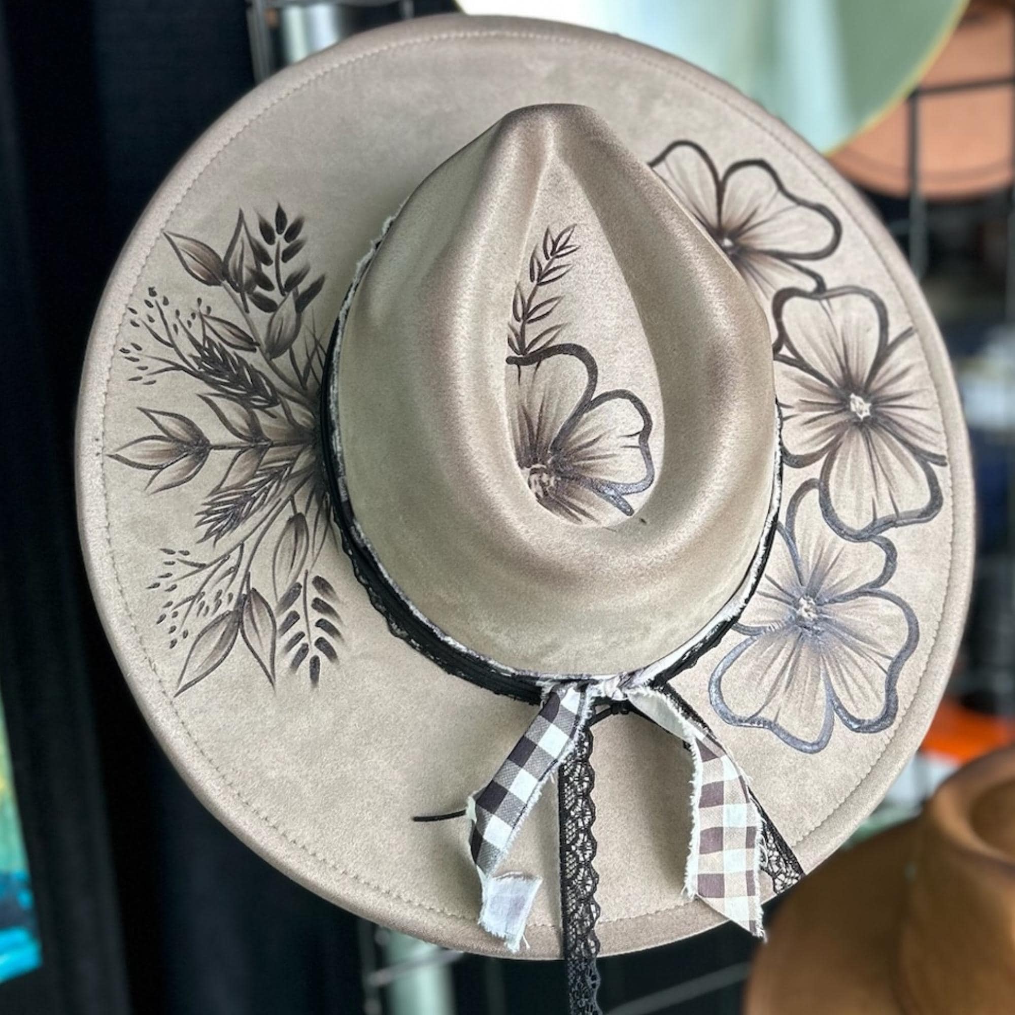 Sun-Kissed Fedoras Hand-Burned Suede Wide Brim Hat Pearl Chain Band Cream Excel Boho Celestial Women\ main image 2