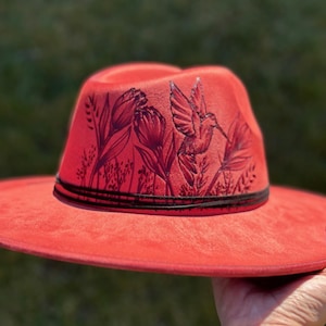 Rust Red Hand-Burned Hummingbird • Floral Western Hat • Artisan Wide Brim Fedora for Women • Unique Gift for Her
