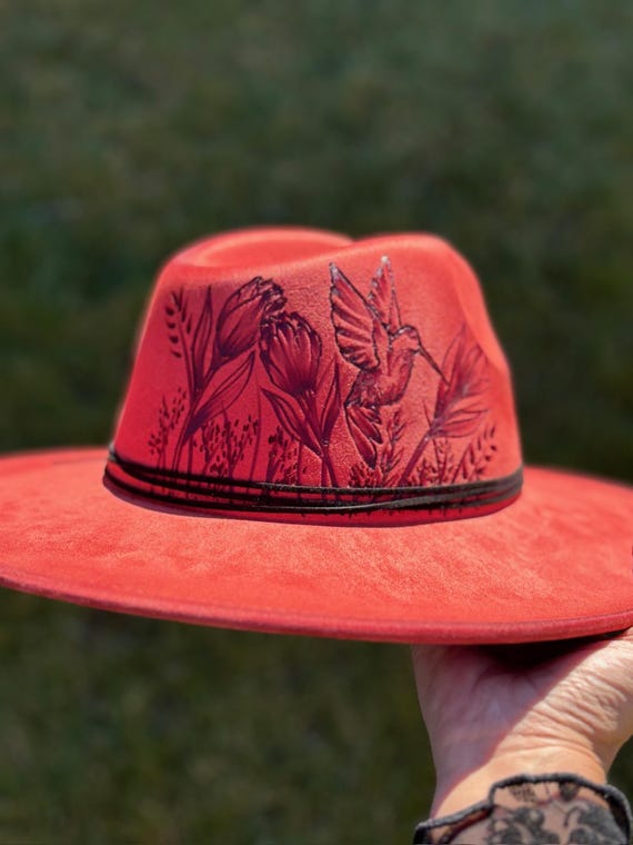 Rust Red Hand-burned Hummingbird • Floral Western Hat  display picture 1