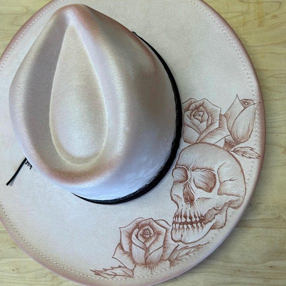 Elegant hand burned Magenta Skull and Rose vintage style wide brim fedora Hand-burned Skull Hat With Roses | Gothic Western Fedora  main image 4