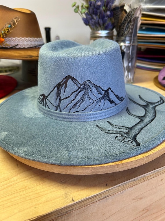 Light Blue Hand Burned Fedora Prairieland Sky Blue Hand-Burned Faux Suede Fedora  main image 2