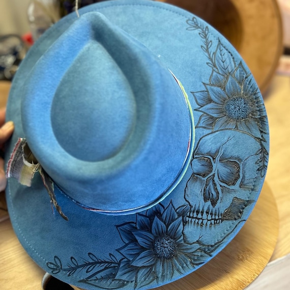Hand-burned Sunflower Skull Fedora: Blue Suede Cowgirl Hat  display picture 1