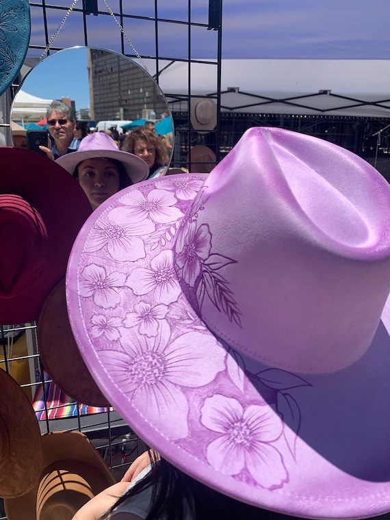 Lavender Vegan Suede Wide-Brim Hat – Laser Engraved Lavender Floral Design Hand Burned Lavender Wide Brim Hat: Vegan Suede, Moth & Moon  main image 4