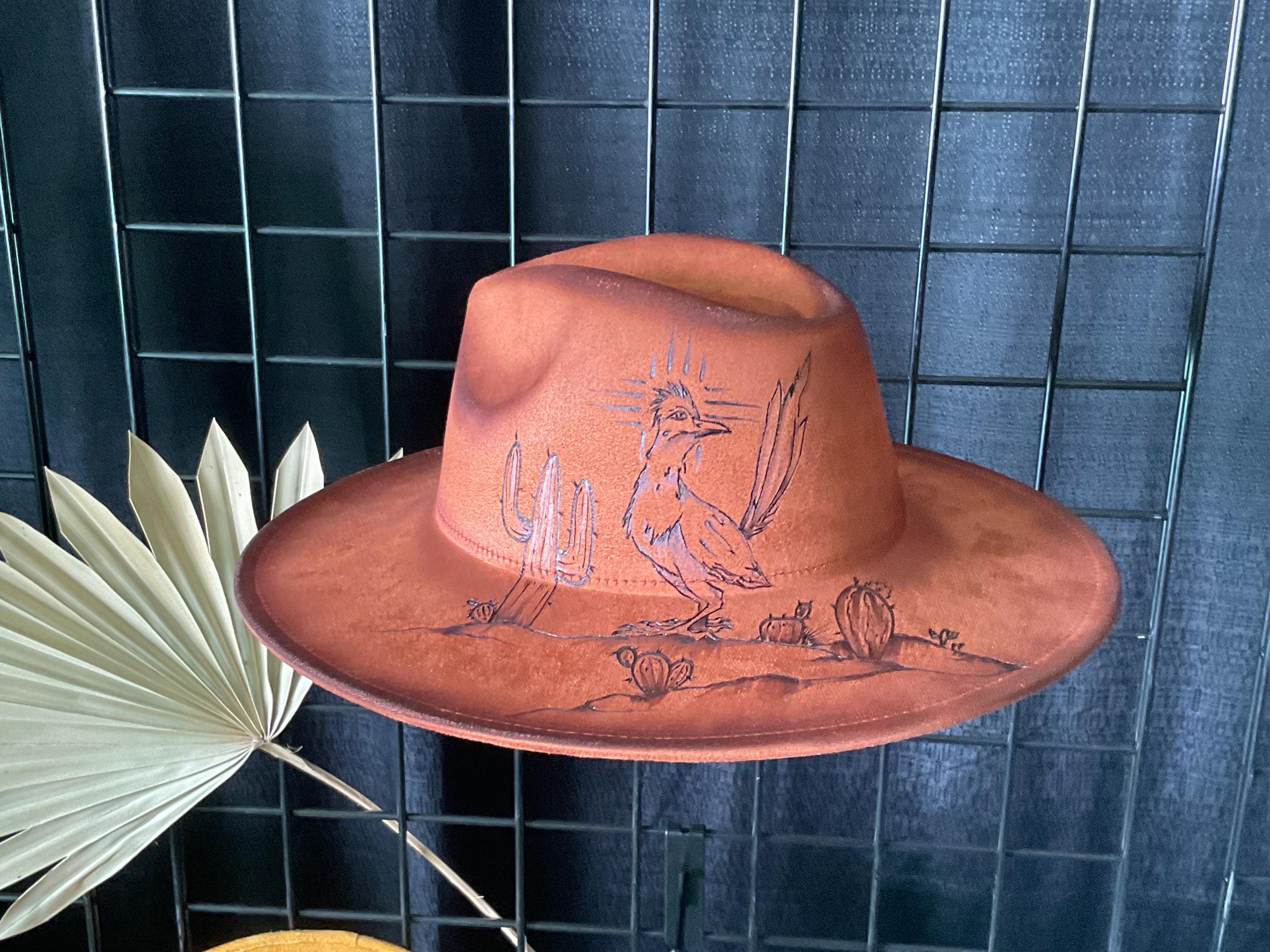 Rustic Desert Hat Hand-burned Southwest Desert With Roadrunner & Cacti | Western Cowboy ...