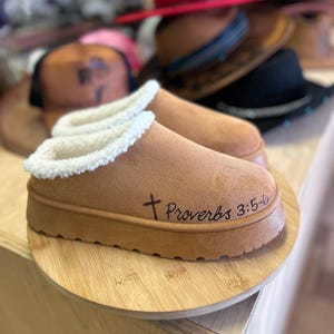 Faith-based suede clog slippers with Proverbs 3:5-6 hand burned design and shearling interior