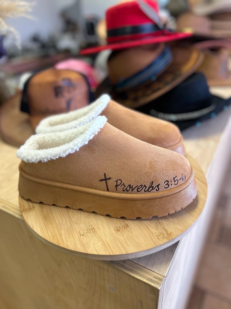 Faith-based suede clog slippers with Proverbs 3:5-6 hand burned design and shearling interior