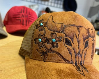 Hand-burned Cow Skull Trucker Hat – Western Distressed Mesh Cap