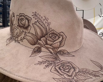 Heart Shaped Crown Wide Brim Fedora Hat With Freehand Rose  display picture 2