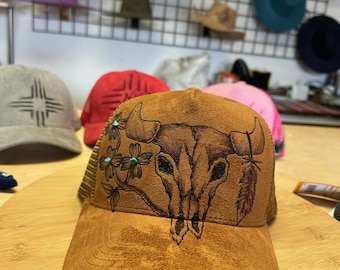 Hand-burned Cow Skull Trucker Hat – Western Distressed Mesh Cap