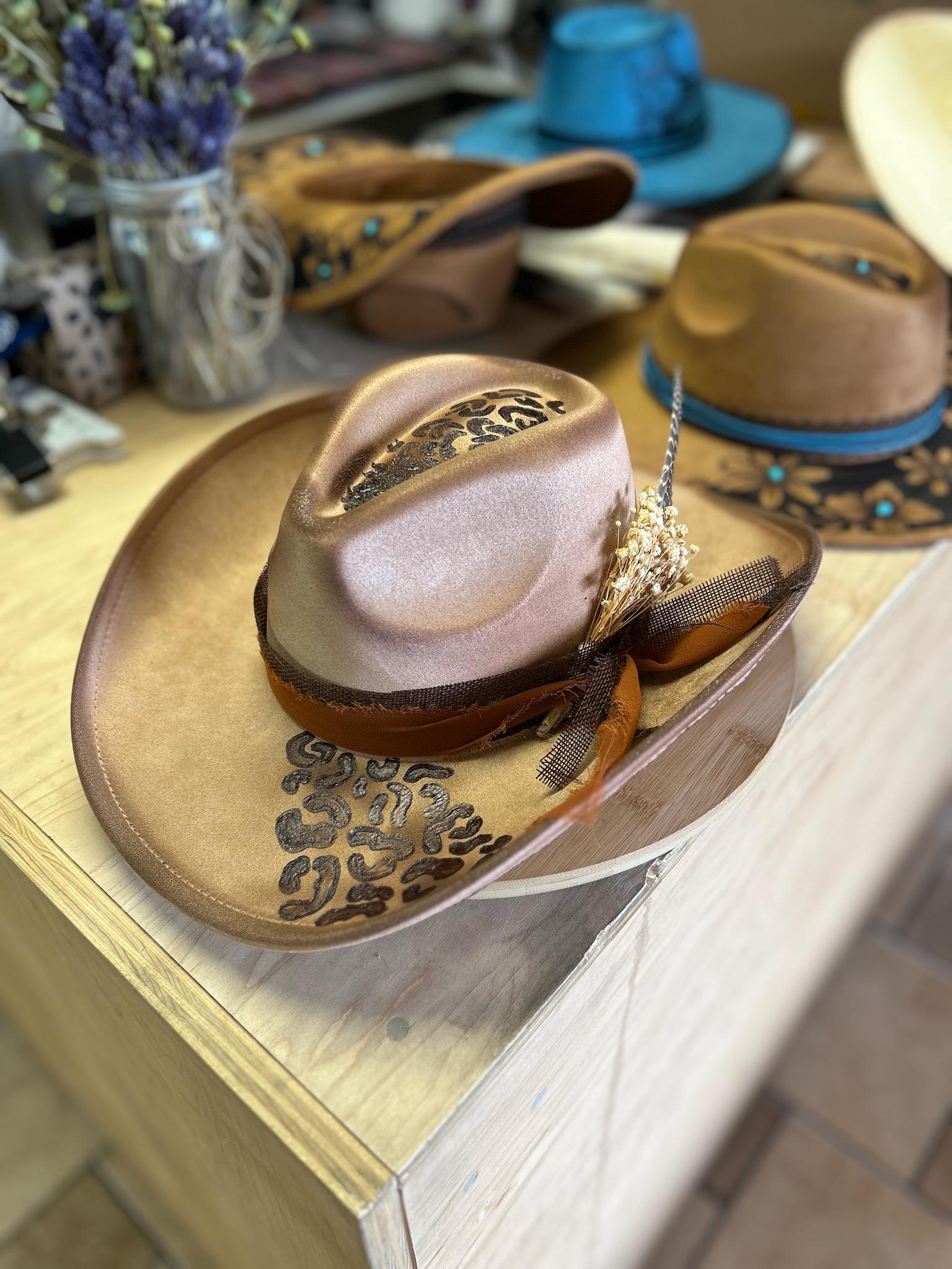 Boho Engraved Felt Fedora Hat with Leopard Band - Tan Ambre, Hats BCBG Couture Made in our workshop main image 4