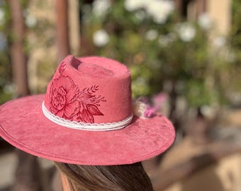 Pink Floral Hand Burned Women\'s Hat Wildflower Floral Burned Hat, Floral Engraved Cowboy Hat  main image 4
