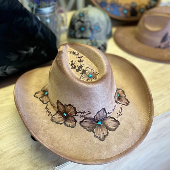 Hand Burned Floral Cowboy Hat With Turquoise Accents  display picture 3
