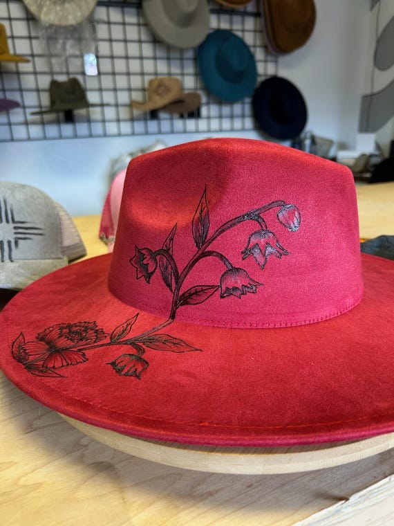 Luxury Hand-burned Red Suede Fedora – Artisan Floral Western 