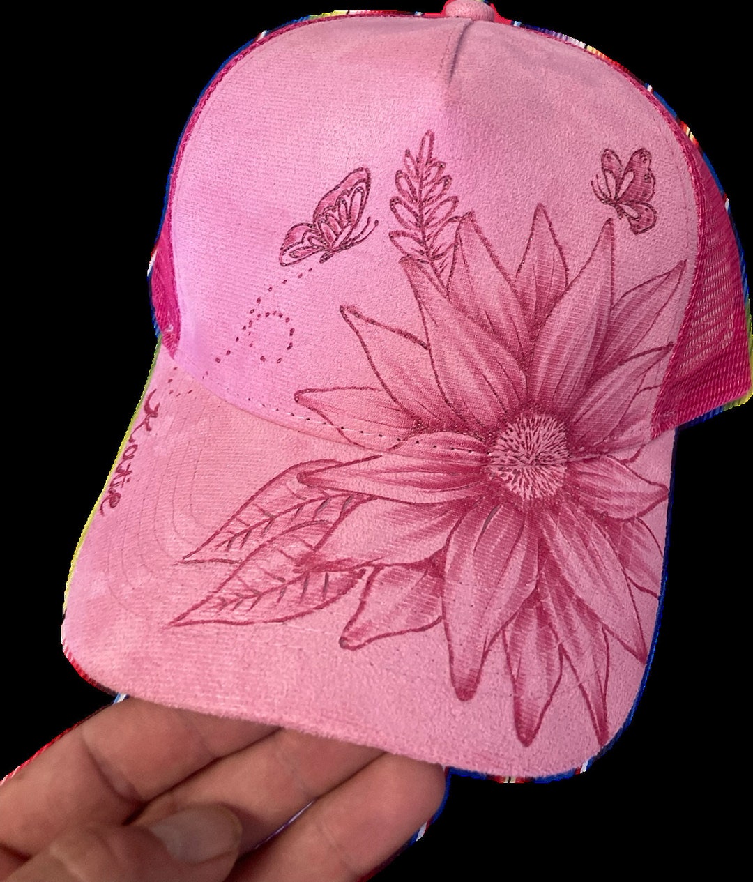 Hand-burned Pink Trucker Hat With Floral & Butterfly Design  display picture 1