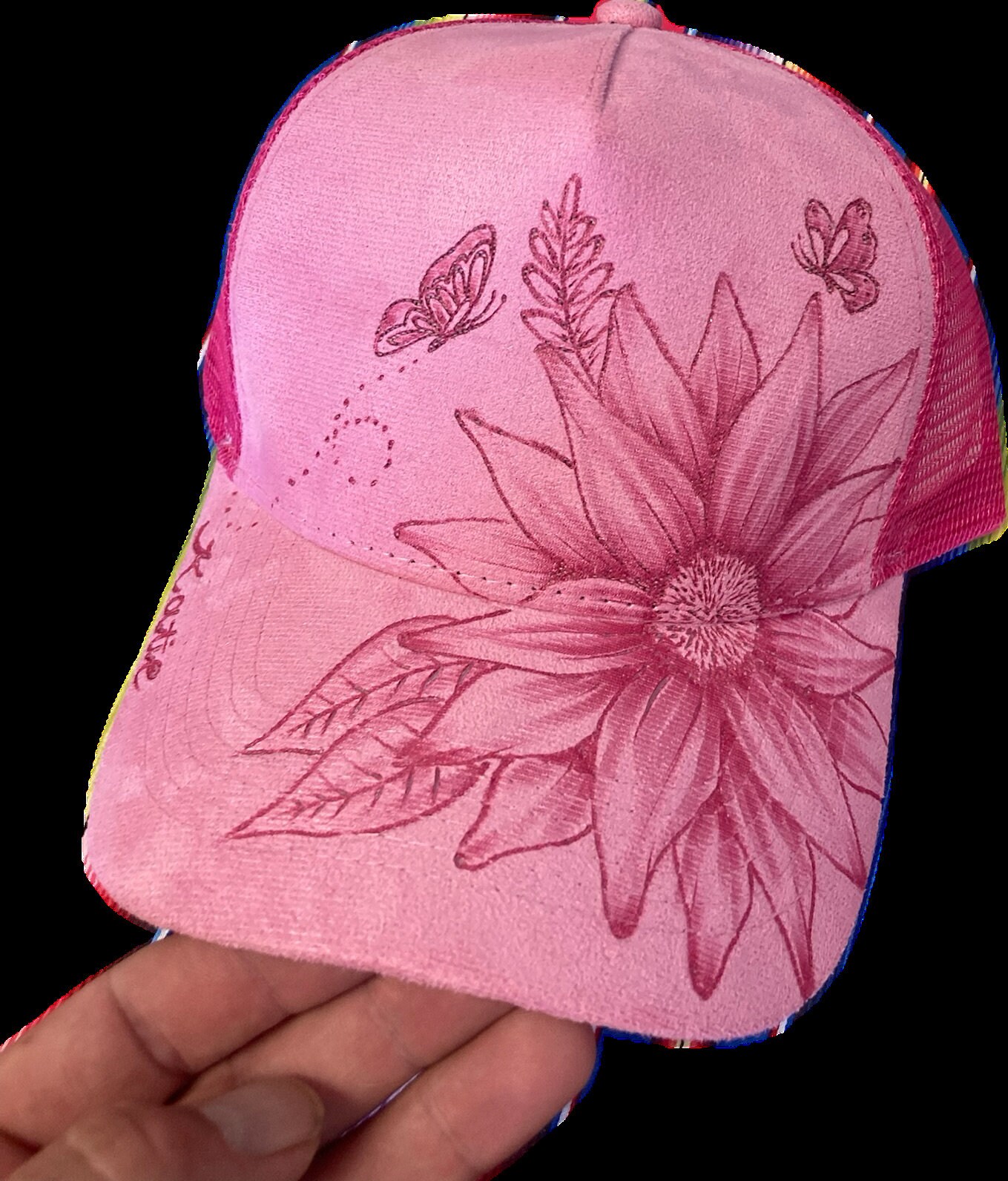 Hand painted pink floral ball cap boho botanical trucker hat Soft, pink, and handmade with the prettiest floral details  main image 2
