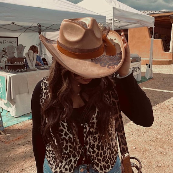 Leopard Print Cowboy Fedora Hat – Hand Burned Tan Western  display picture 1